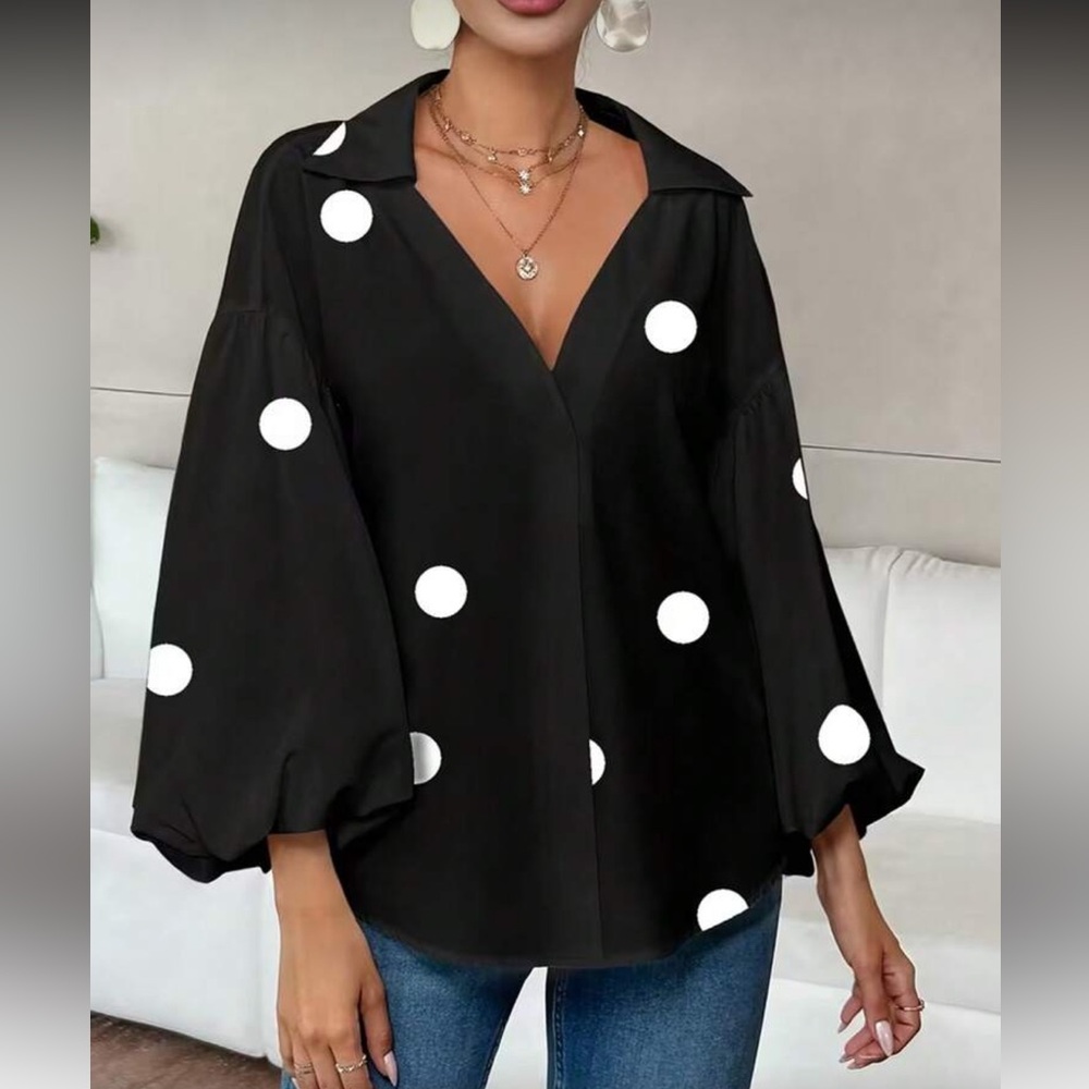 Black and White Polka Dot Ballon Sleeve Top Blouse Shirt